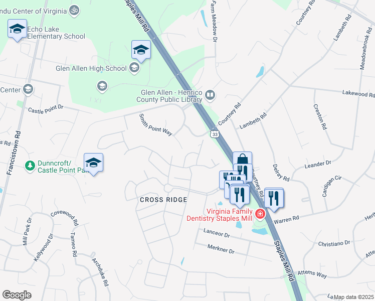 map of restaurants, bars, coffee shops, grocery stores, and more near 3514 Bohannon Drive in Glen Allen