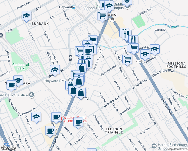map of restaurants, bars, coffee shops, grocery stores, and more near 415 Sycamore Avenue in Hayward