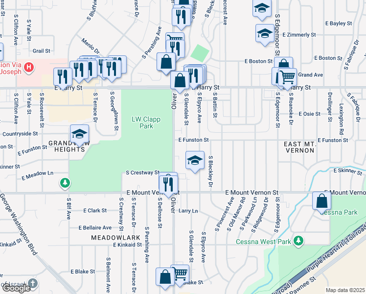 map of restaurants, bars, coffee shops, grocery stores, and more near 1819 South Glendale Street in Wichita