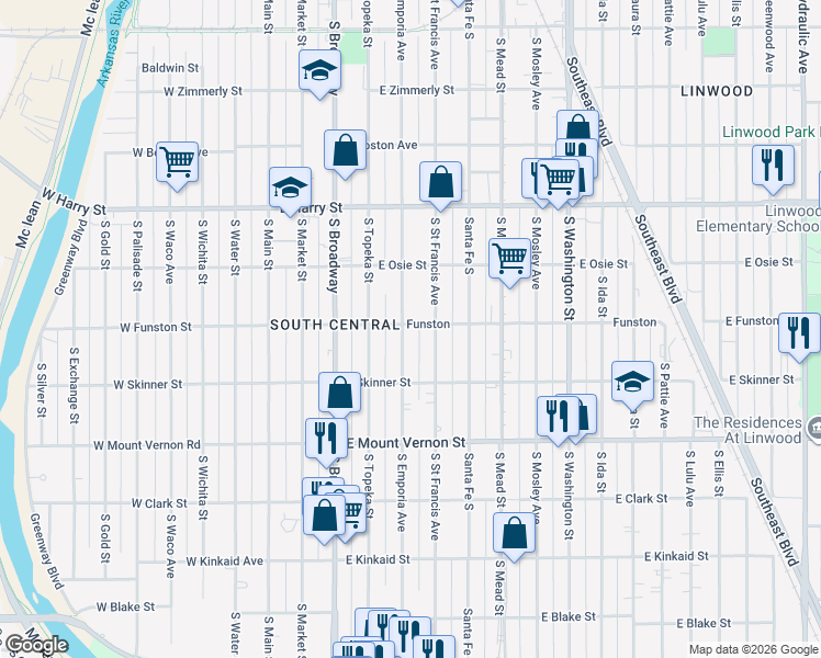 map of restaurants, bars, coffee shops, grocery stores, and more near 1801 S St Francis St in Wichita