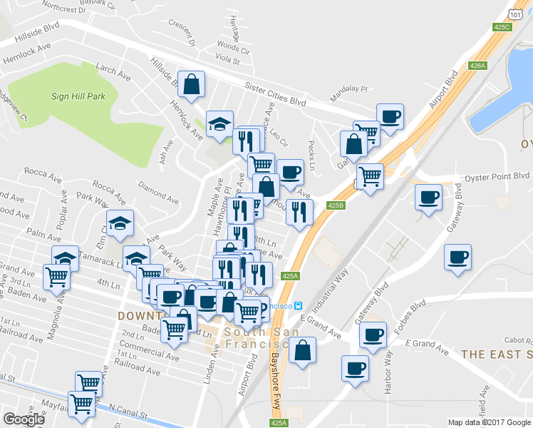 map of restaurants, bars, coffee shops, grocery stores, and more near 234 Juniper Avenue in South San Francisco
