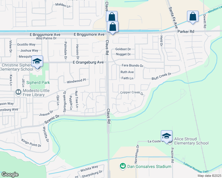 map of restaurants, bars, coffee shops, grocery stores, and more near 1133 Copper Lantern Court in Modesto