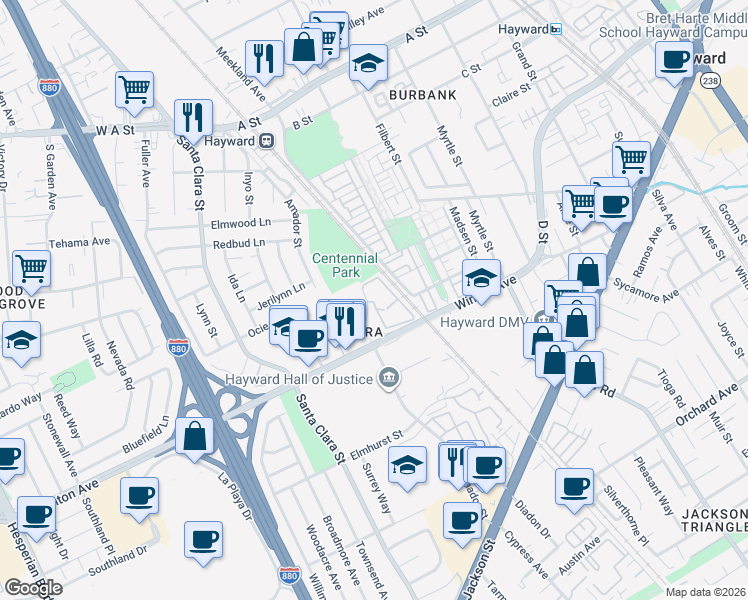 map of restaurants, bars, coffee shops, grocery stores, and more near 24041 Amador Street in Hayward