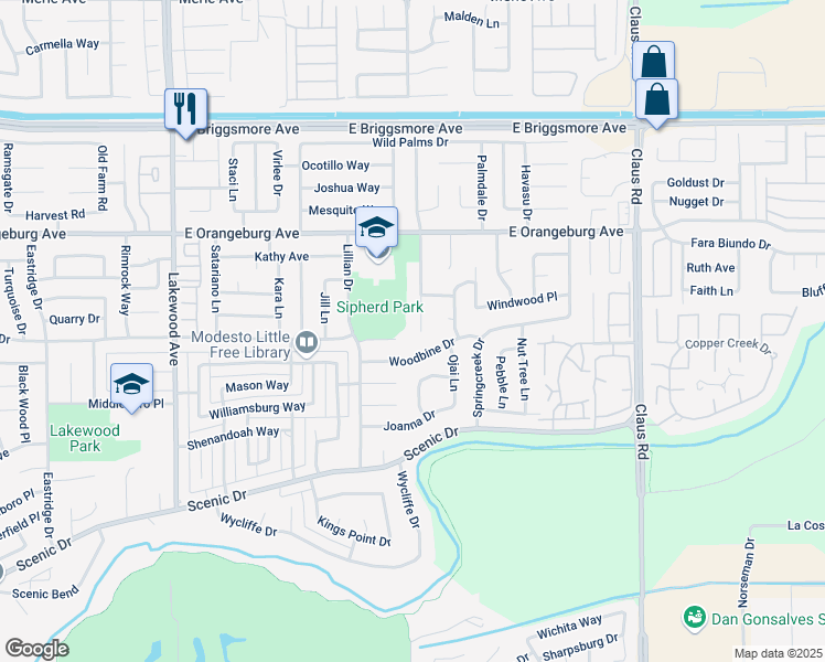 map of restaurants, bars, coffee shops, grocery stores, and more near 1305 Fransen Court in Modesto