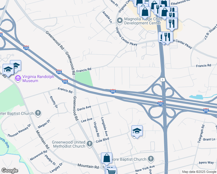map of restaurants, bars, coffee shops, grocery stores, and more near 10005 Francis Road in Glen Allen