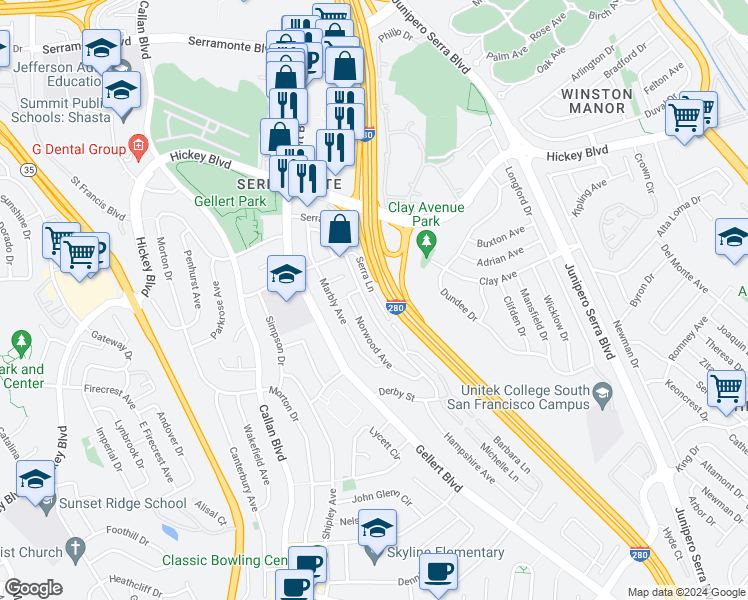 map of restaurants, bars, coffee shops, grocery stores, and more near 156 Serra Lane in Daly City