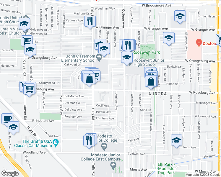 map of restaurants, bars, coffee shops, grocery stores, and more near 1201 Como Park Way in Modesto