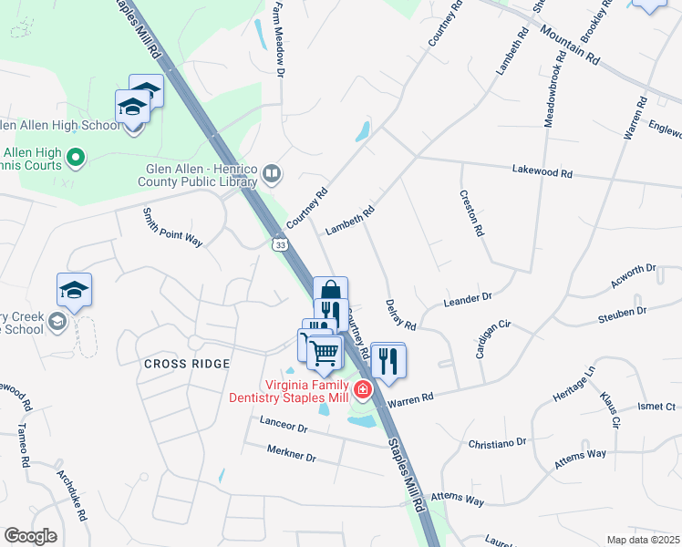 map of restaurants, bars, coffee shops, grocery stores, and more near 10333 Old Courtney Road in Glen Allen