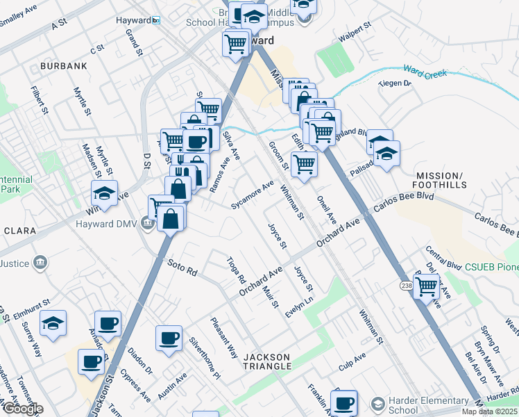 map of restaurants, bars, coffee shops, grocery stores, and more near 548 Mardie Street in Hayward
