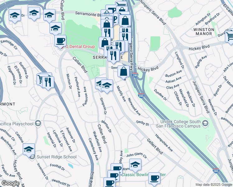 map of restaurants, bars, coffee shops, grocery stores, and more near 126 Marbly Avenue in Daly City