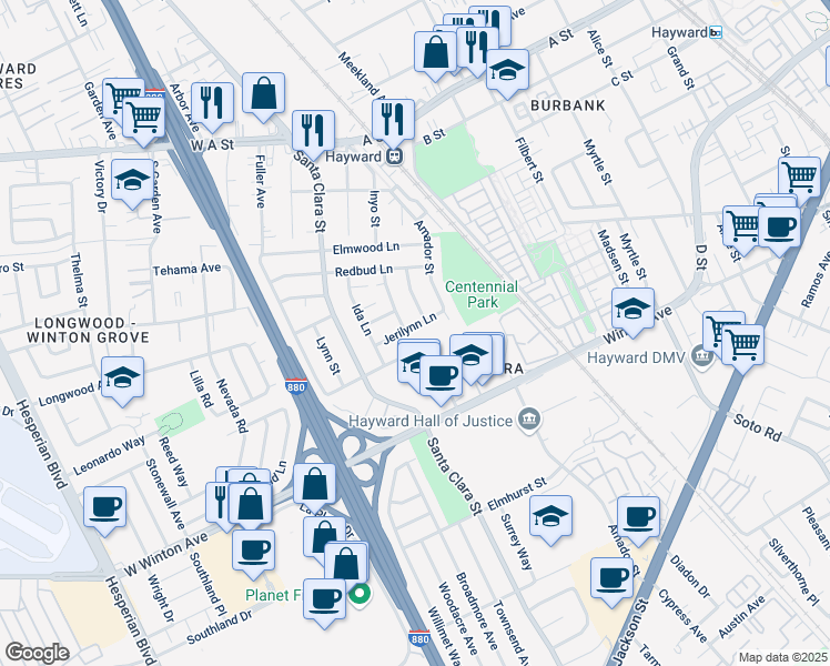 map of restaurants, bars, coffee shops, grocery stores, and more near 306 Jerilynn Lane in Hayward