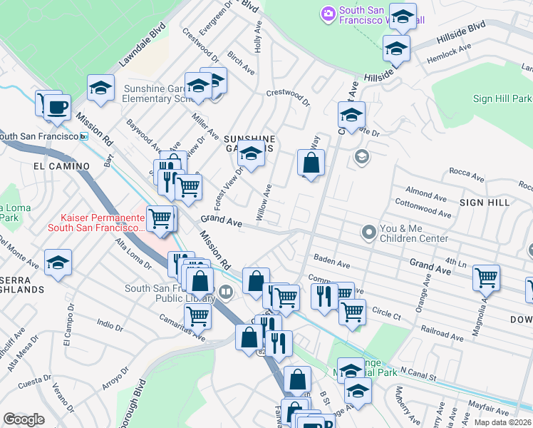 map of restaurants, bars, coffee shops, grocery stores, and more near 733 Marcie Circle in South San Francisco