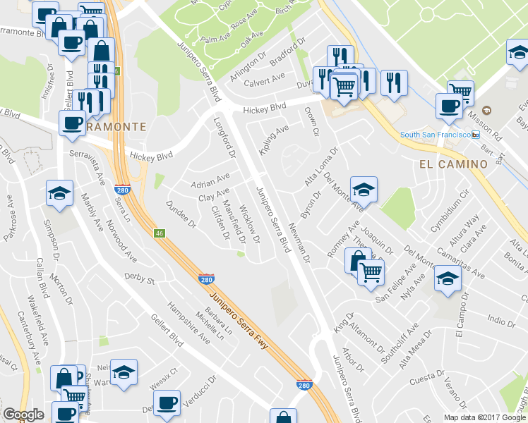 map of restaurants, bars, coffee shops, grocery stores, and more near 223 Longford Drive in South San Francisco