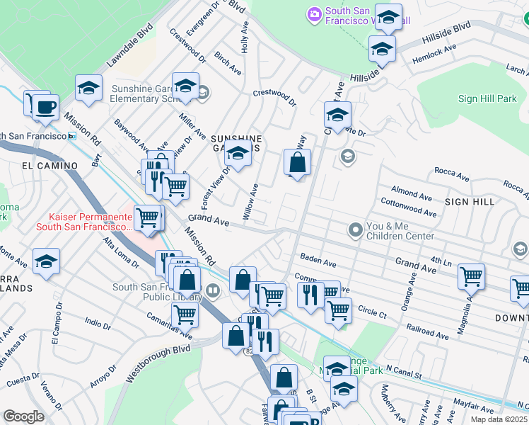 map of restaurants, bars, coffee shops, grocery stores, and more near 1221 Marcie Circle in South San Francisco