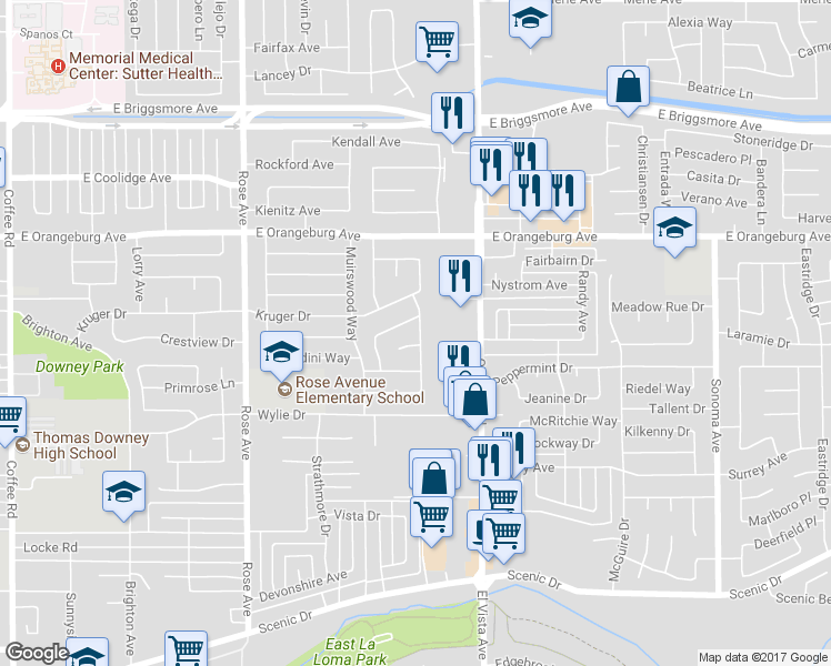 map of restaurants, bars, coffee shops, grocery stores, and more near 1221 Valeriewood Way in Modesto