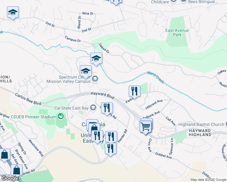 map of restaurants, bars, coffee shops, grocery stores, and more near 25836 Hayward Boulevard in Hayward