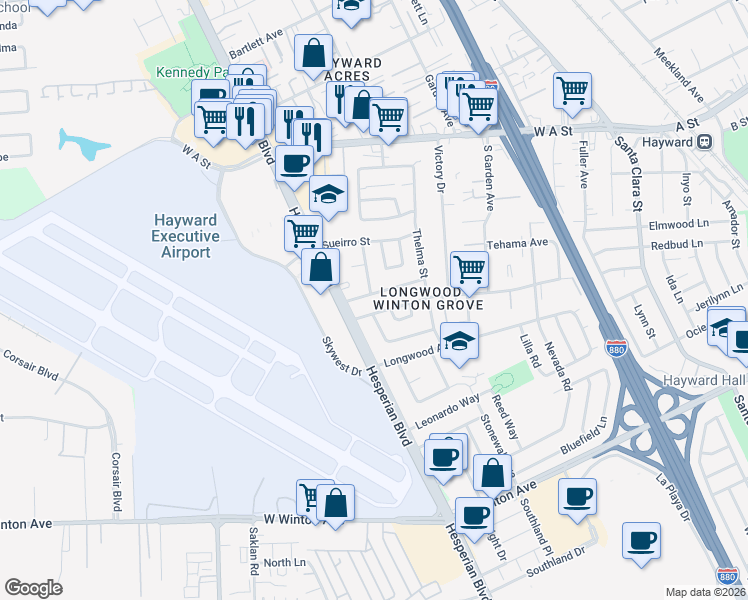map of restaurants, bars, coffee shops, grocery stores, and more near 904 Lester Ave in Hayward