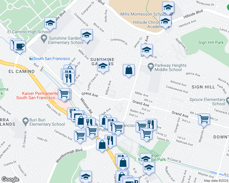 map of restaurants, bars, coffee shops, grocery stores, and more near 1234 Marcie Circle in South San Francisco