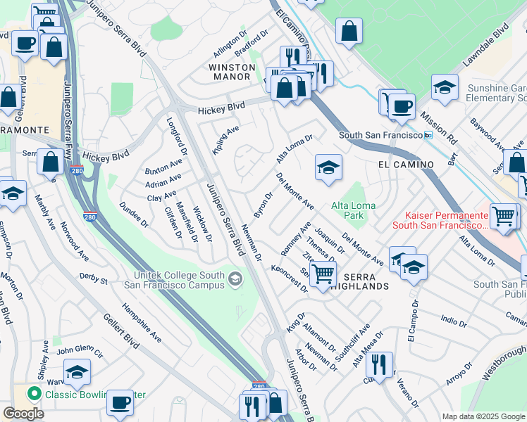 map of restaurants, bars, coffee shops, grocery stores, and more near 843 Byron Drive in South San Francisco