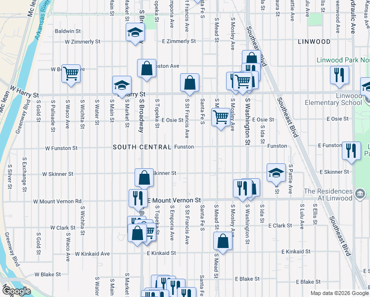 map of restaurants, bars, coffee shops, grocery stores, and more near 1801 Saint Francis in Wichita