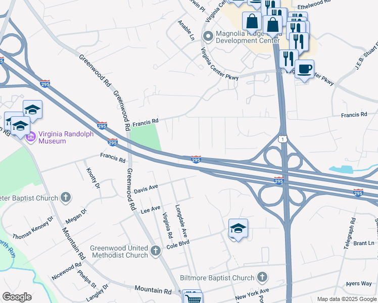 map of restaurants, bars, coffee shops, grocery stores, and more near 10005 Francis Road in Glen Allen