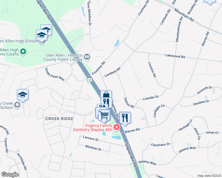 map of restaurants, bars, coffee shops, grocery stores, and more near 10333 Old Courtney Road in Glen Allen