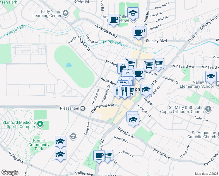 map of restaurants, bars, coffee shops, grocery stores, and more near 257 West Angela Street in Pleasanton