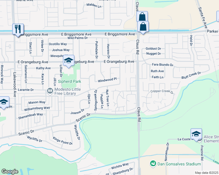 map of restaurants, bars, coffee shops, grocery stores, and more near 3728 Springcreek Drive in Modesto