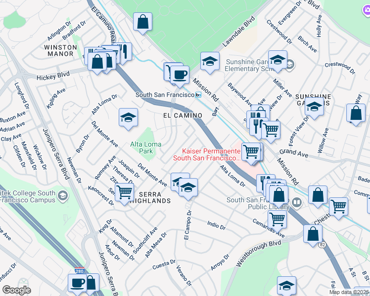 map of restaurants, bars, coffee shops, grocery stores, and more near 20 San Felipe Avenue in South San Francisco