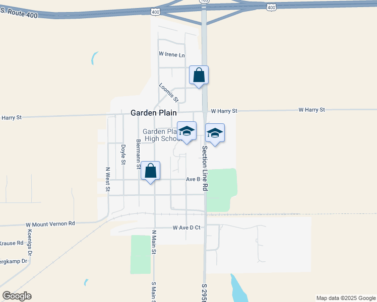 map of restaurants, bars, coffee shops, grocery stores, and more near 720 North Sedgwick Street in Garden Plain