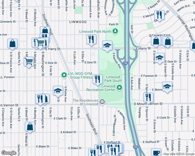 map of restaurants, bars, coffee shops, grocery stores, and more near 1802 South Hydraulic Avenue in Wichita