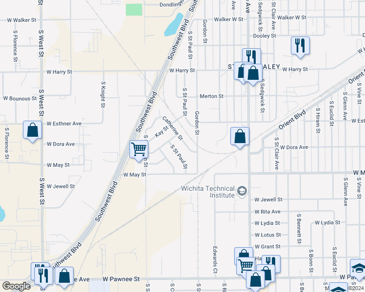 map of restaurants, bars, coffee shops, grocery stores, and more near 1925 Catherine St in Wichita