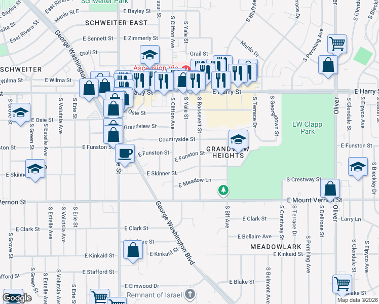 map of restaurants, bars, coffee shops, grocery stores, and more near 1784 South Yale Street in Wichita
