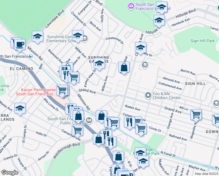 map of restaurants, bars, coffee shops, grocery stores, and more near 1322 Marcie Circle in South San Francisco