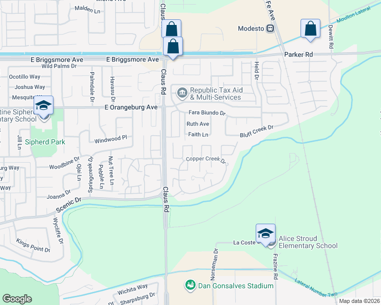 map of restaurants, bars, coffee shops, grocery stores, and more near 1104 Copper Cottage Lane in Modesto