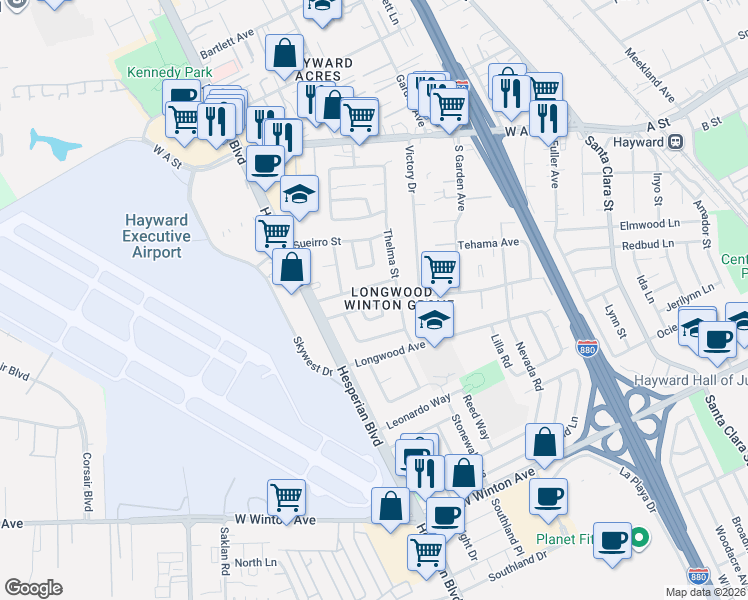 map of restaurants, bars, coffee shops, grocery stores, and more near 845 Marin Avenue in Hayward
