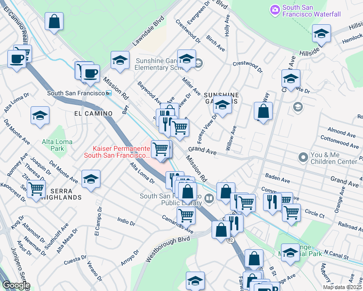 map of restaurants, bars, coffee shops, grocery stores, and more near 1110 Mission Road in South San Francisco