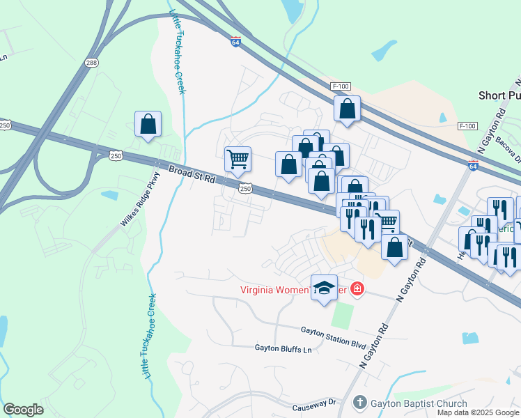 map of restaurants, bars, coffee shops, grocery stores, and more near 12353-12365 West Broad Street in Henrico