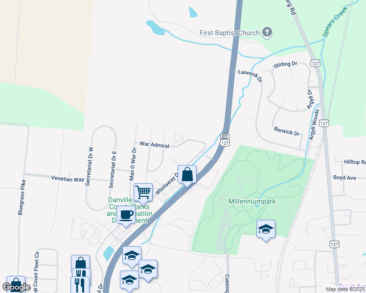 map of restaurants, bars, coffee shops, grocery stores, and more near 113 War Admiral in Danville