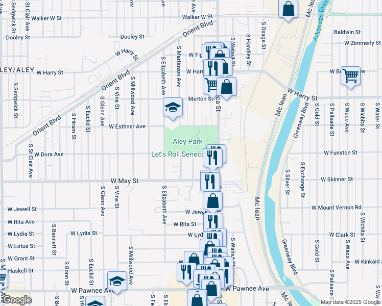 map of restaurants, bars, coffee shops, grocery stores, and more near 1201-1329 Dora Street in Wichita