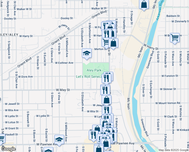 map of restaurants, bars, coffee shops, grocery stores, and more near 1341 Dora Street in Wichita