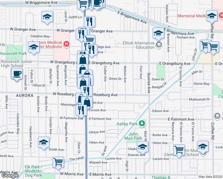 map of restaurants, bars, coffee shops, grocery stores, and more near 1215 Trombetta Avenue in Modesto
