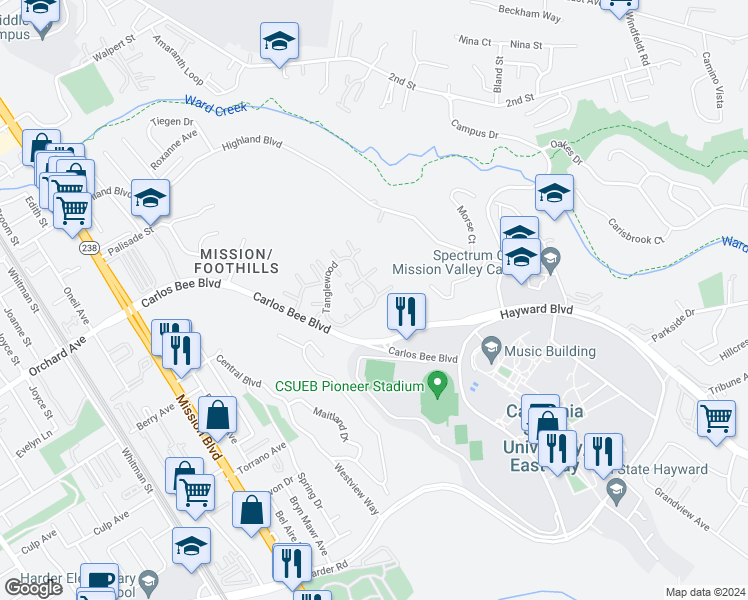 map of restaurants, bars, coffee shops, grocery stores, and more near 17 Tanglewood in Hayward