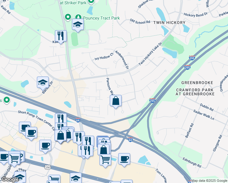 map of restaurants, bars, coffee shops, grocery stores, and more near 11724 Parsons Walk Court in Glen Allen