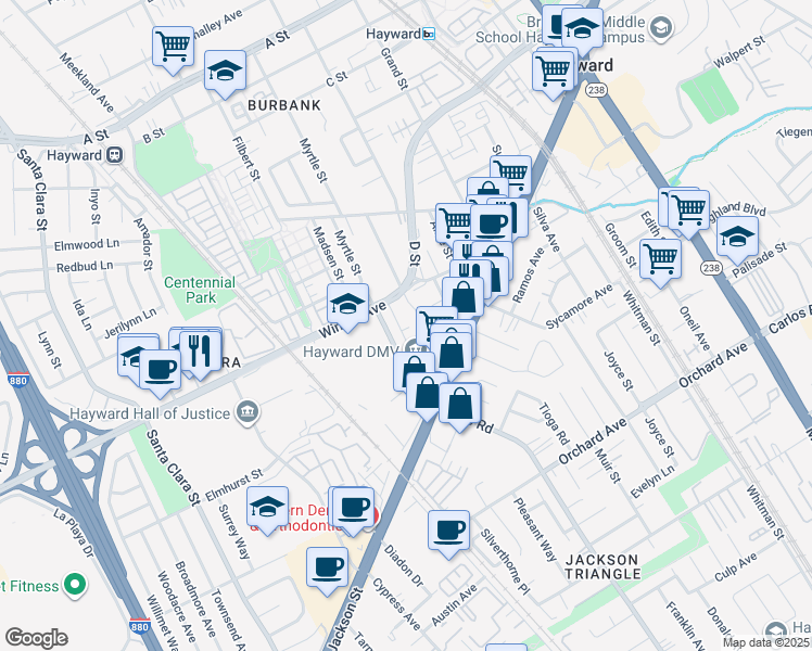 map of restaurants, bars, coffee shops, grocery stores, and more near 24222 Clarendale Street in Hayward