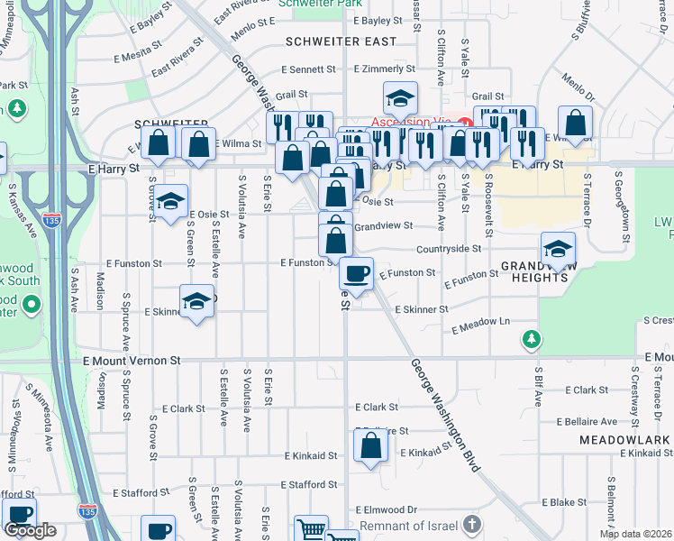 map of restaurants, bars, coffee shops, grocery stores, and more near 1805 South Hillside Street in Wichita