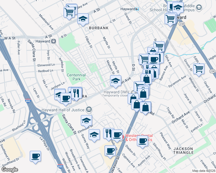 map of restaurants, bars, coffee shops, grocery stores, and more near 2372 Morrow Street in Hayward
