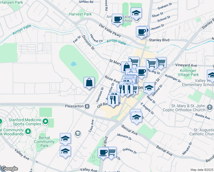 map of restaurants, bars, coffee shops, grocery stores, and more near 361 West Angela Street in Pleasanton