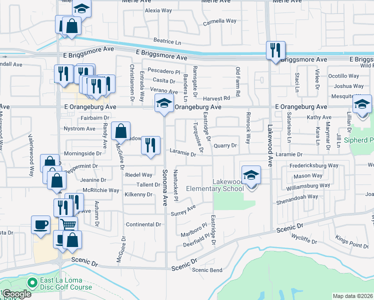 map of restaurants, bars, coffee shops, grocery stores, and more near 2629 Laramie Drive in Modesto