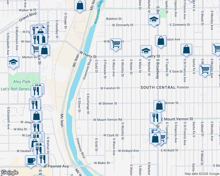 map of restaurants, bars, coffee shops, grocery stores, and more near 401 West Funston Street in Wichita